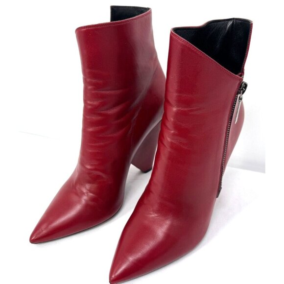 $1,350 SAINT LAURENT Niki Burgundy Red Leather Ankle Boots Zip Women's Sz 39 - Picture 1 of 16
